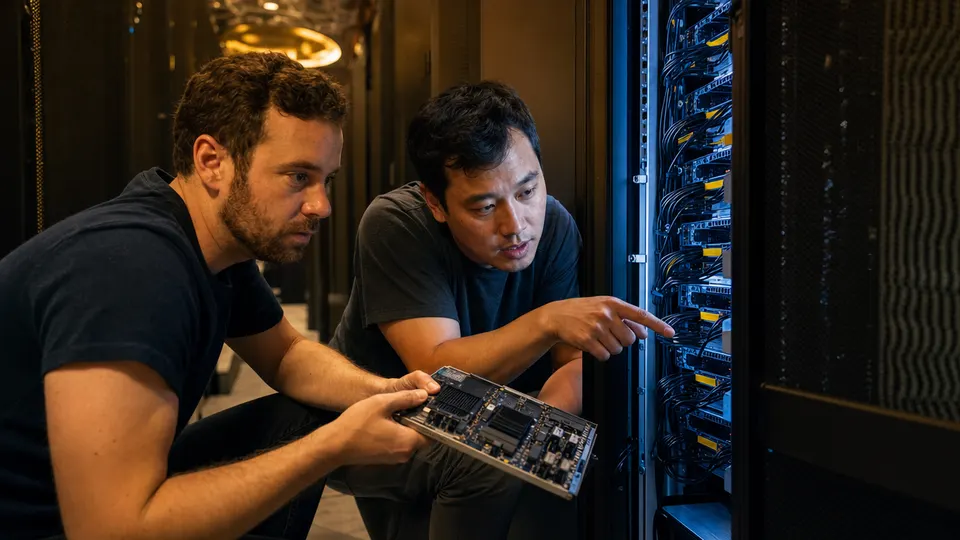 Two engineers inspect a GPU server board beside an open rack in a data center aisle.