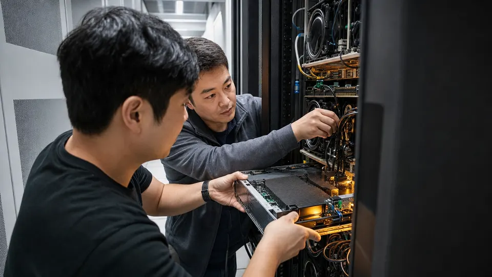 Two engineers install an accelerator board into a server rack in a data center aisle.