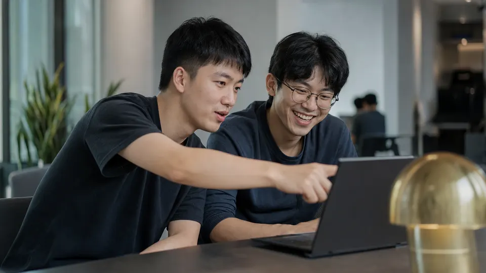Two software engineers review code together on a laptop beside small server hardware in a bright workspace.