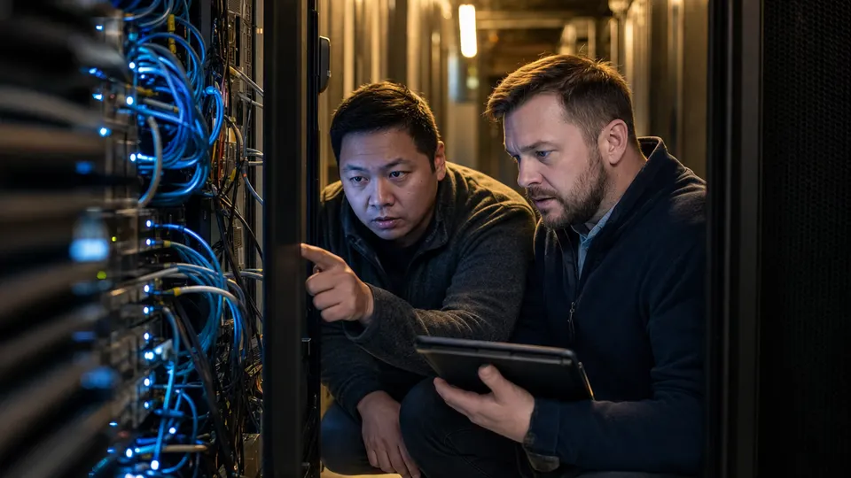 Two engineers examine hardware inside a dimly lit server room, lit by blue and amber light.