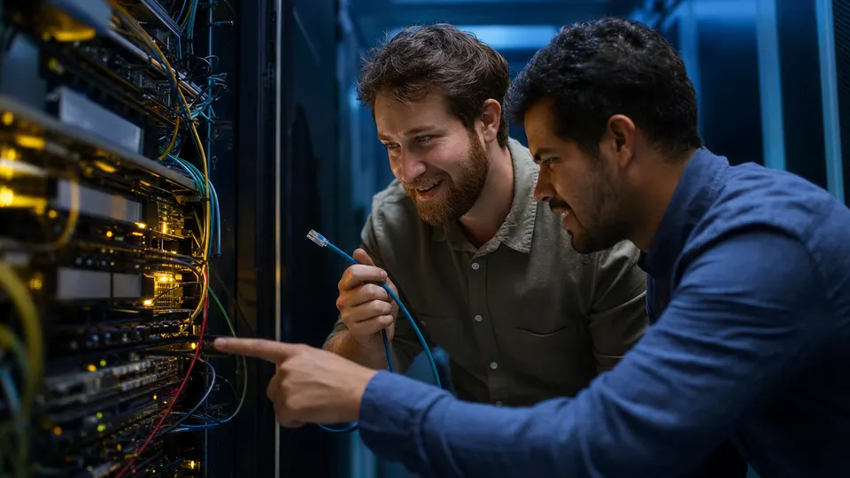 Two engineers working on server hardware in a dim data room, one holding a cable and the other pointing at a panel.
