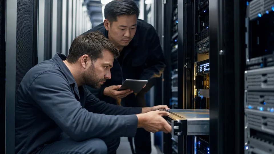 Two engineers installing a server into a rack in a data center aisle lit by blue indicator lights.