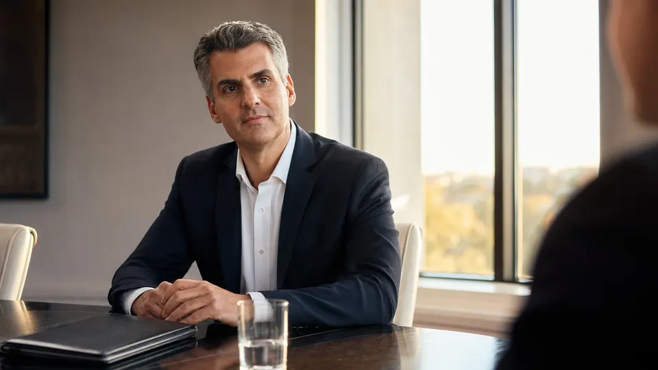 Illustrative photo of a media executive in a business suit seated at a conference table in a sunlit meeting room.