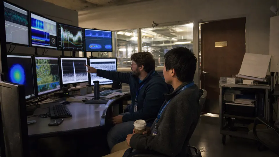 Two physicists in a national laboratory accelerator control room review monitors showing beam diagnostics during an evening shift.