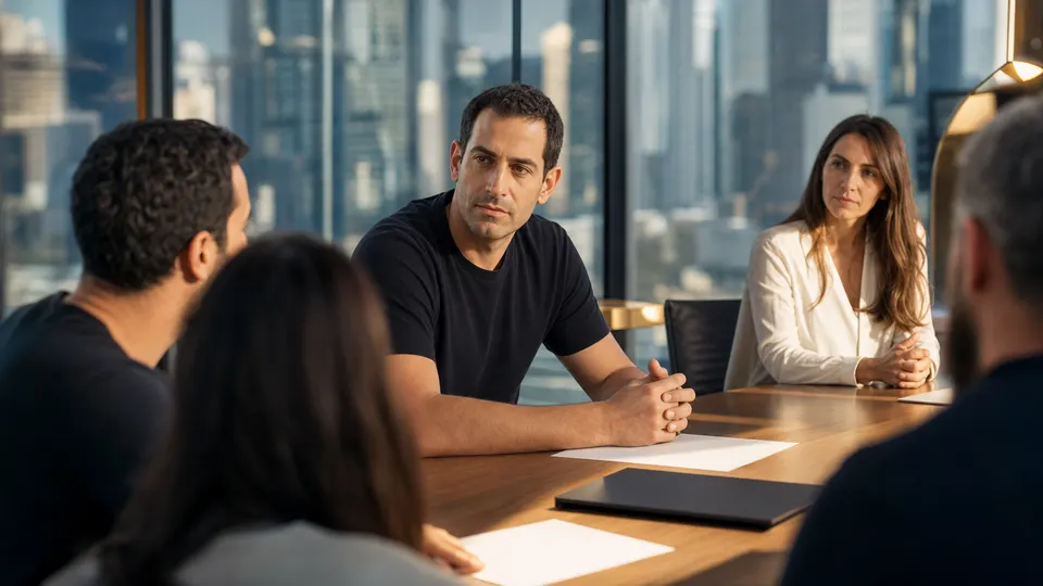 A man in business attire sits at a conference table in a bright Tel Aviv meeting room, in conversation with colleagues.