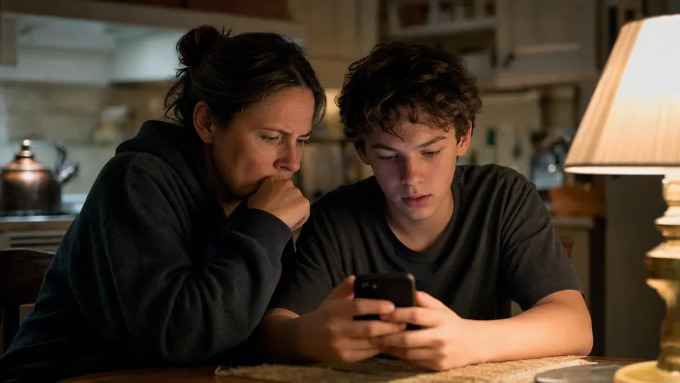 An adult and teenager look together at a smartphone at a warmly lit kitchen table.