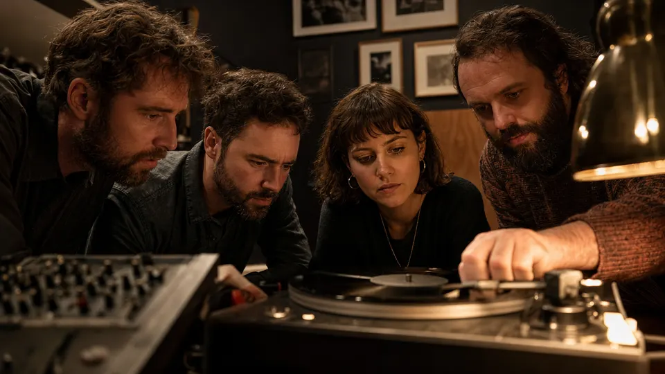 Musicians and an engineer listen to a vinyl record on a turntable in a warmly lit recording studio.