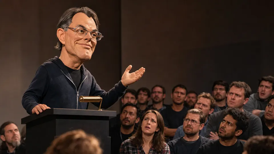 A puppet caricature of Epic Games CEO Tim Sweeney addresses a room of skeptical, stunned game developers from a podium.