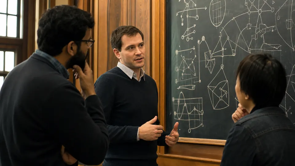 A computer scientist and two colleagues talk in front of a chalkboard full of diagrams in a university seminar room.