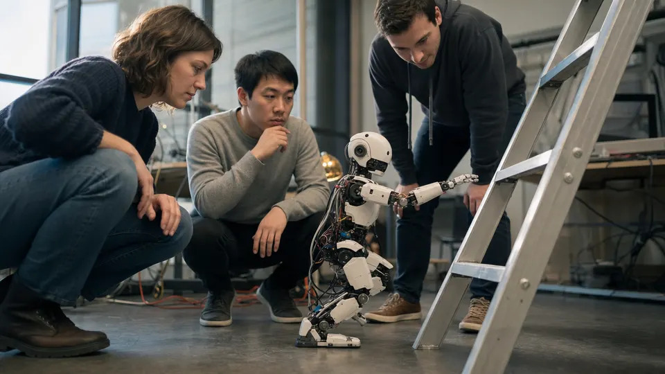 Engineers watch a small humanoid robot reach for the first rung of a ladder in a research lab.