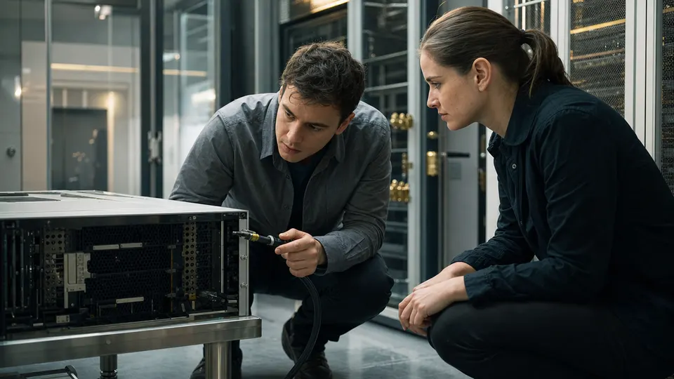 Two AI safety engineers inspect a server unit in a research lab.