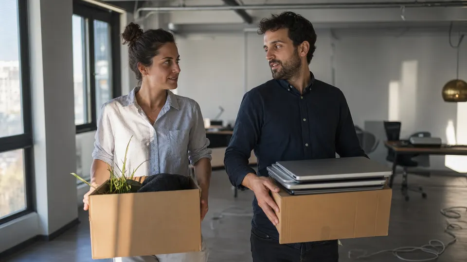 Two founders carry boxes and laptops through a half-emptied startup office in late-afternoon light.