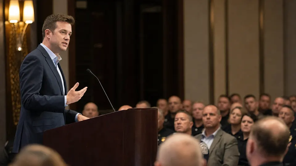 A male executive speaking at a podium to a seated audience in a conference ballroom, illustrative image only.