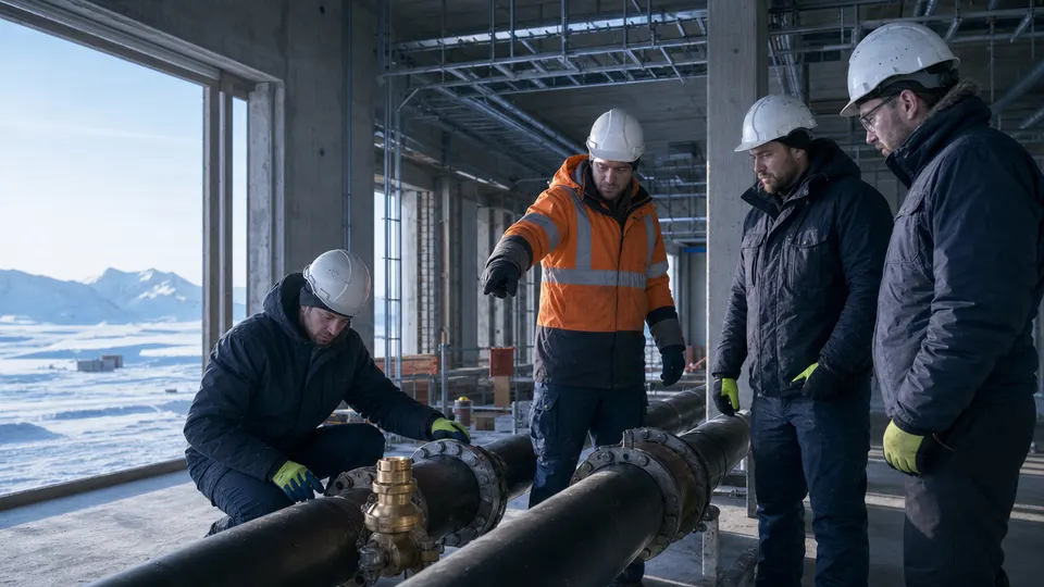 Engineers and construction workers in hard hats inspect cooling pipes inside an unfinished data center hall in cold daylight.