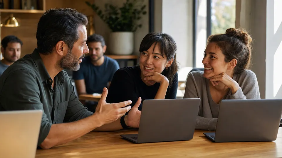 Developers gather around a table with laptops at a meetup, talking and smiling as one explains something to colleagues.