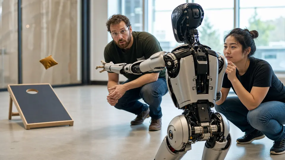 Two engineers watch a humanoid robot toss a bean bag toward a cornhole board in a bright lab.