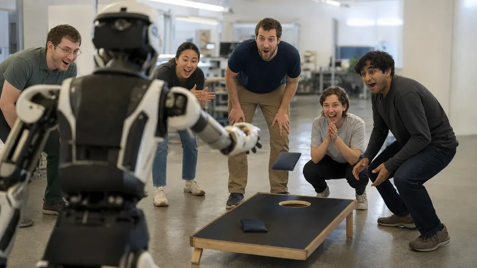 Engineers in a lab watch a humanoid robot toss a beanbag at a cornhole board, smiling as it lands.