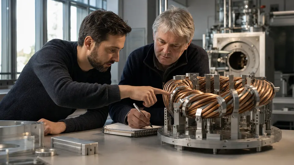 Two physicists examine a twisted stellarator coil model on a workbench in a laboratory.