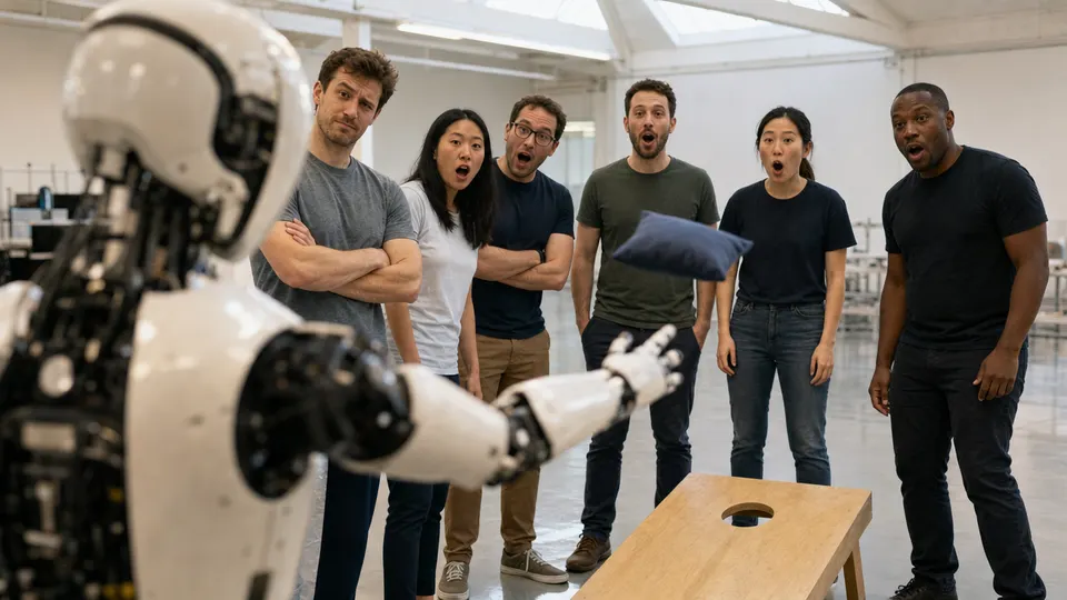 Engineers in a robotics lab watching a humanoid robot toss a bean bag at a cornhole board, some skeptical, some hopeful.