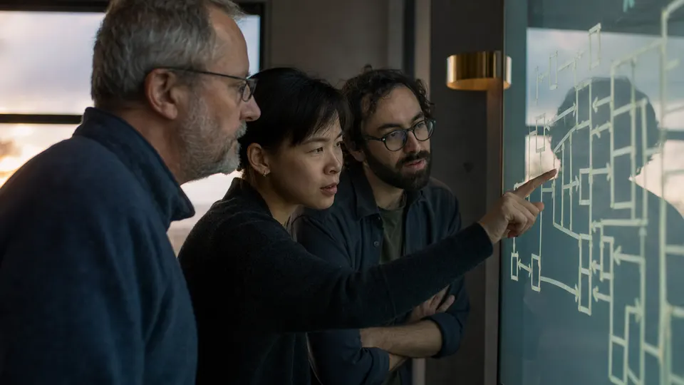 Researchers discuss diagrams of a tape and state transitions on a glass whiteboard in a university lab (illustrative photo).