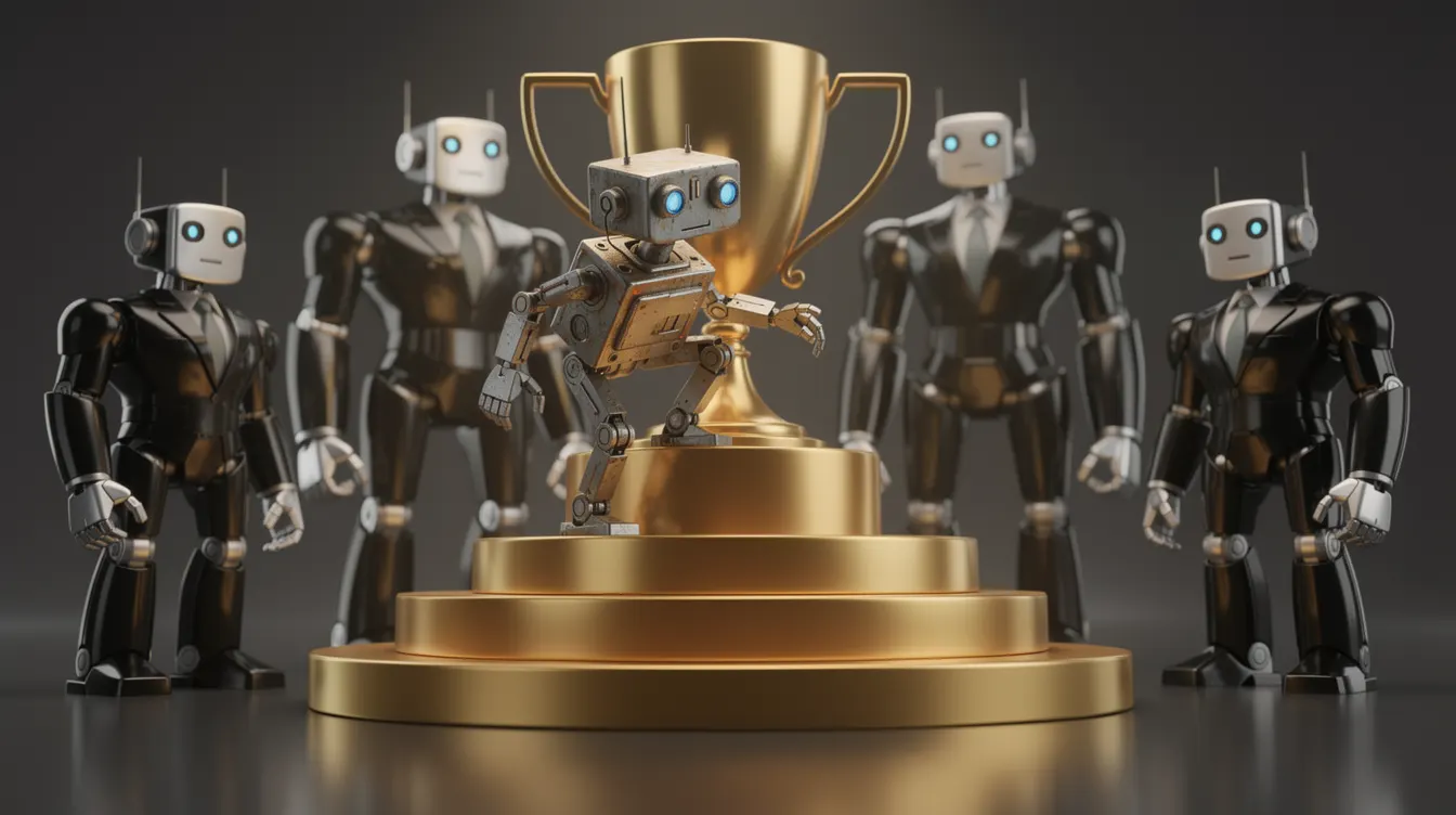 Small robot holding a golden trophy on a gold podium, surrounded by robots in suits