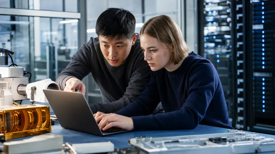 Two engineers working together at a laptop in a lab with server racks behind them, illustrating developer security tooling.