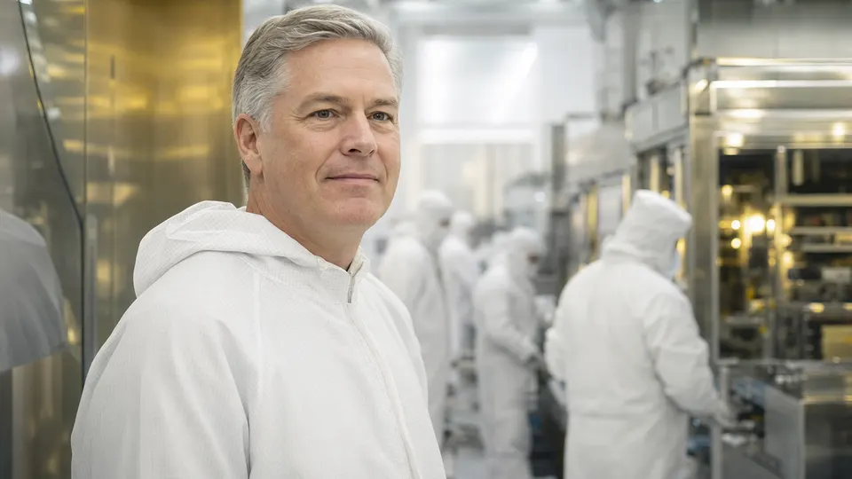 A semiconductor executive in a cleanroom suit stands in a bright fab with engineers working behind him.