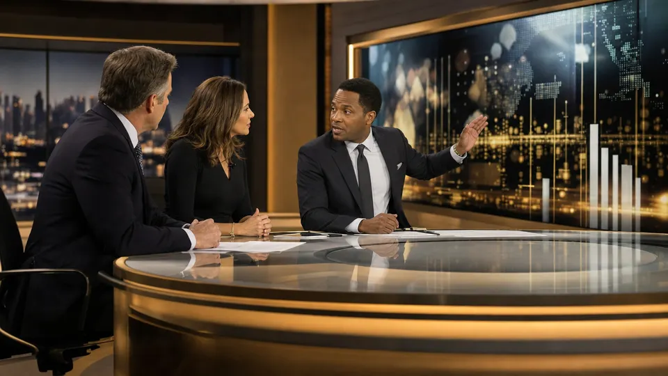 Three news anchors in discussion at a gold-trimmed studio desk in front of a wall of glowing charts.