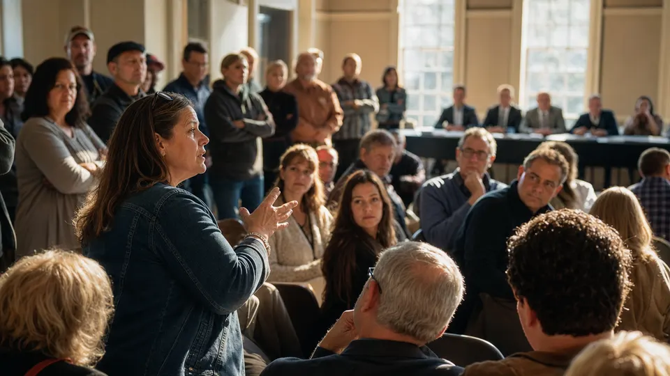 Residents at a crowded community meeting in a town hall, listening and speaking about a proposed data-center project.
