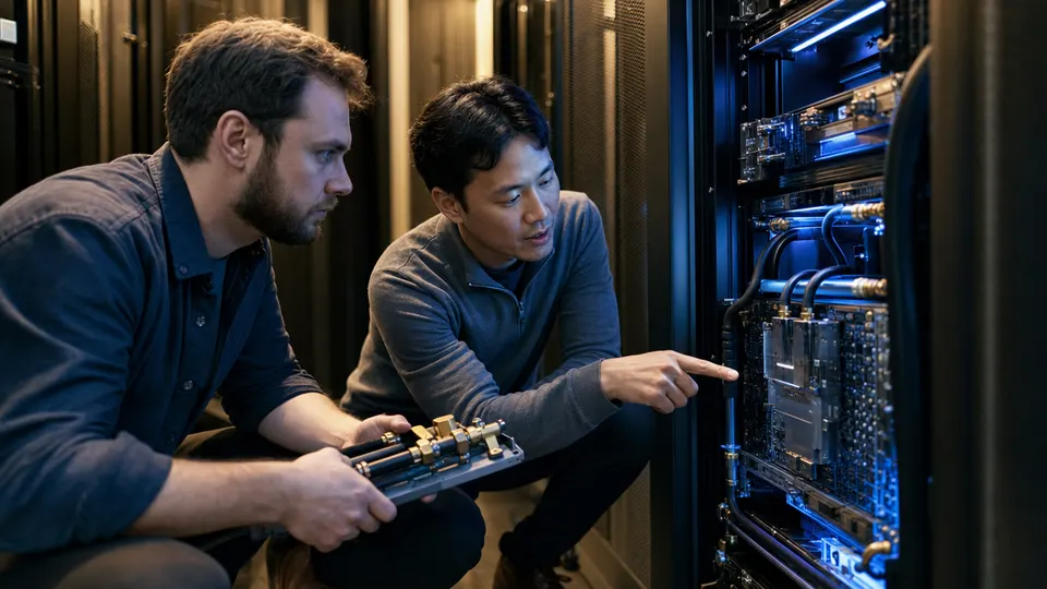 Two engineers inspect accelerator hardware in an open server rack inside a data center.