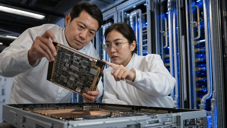 Two engineers examine a large circuit board in a data center aisle lined with server racks and cooling pipes.