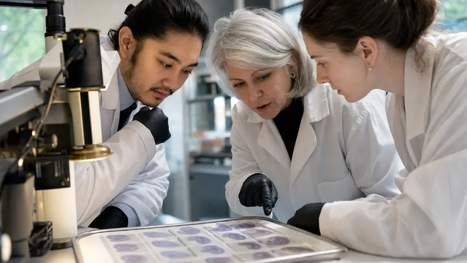 Three scientists examine mouse brain tissue sections together at a laboratory bench.