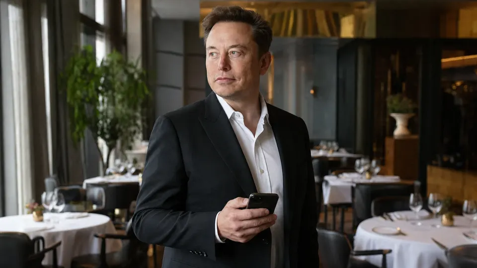 Elon Musk holding a smartphone in a softly lit restaurant dining room (illustrative photo, not a report of a real event).