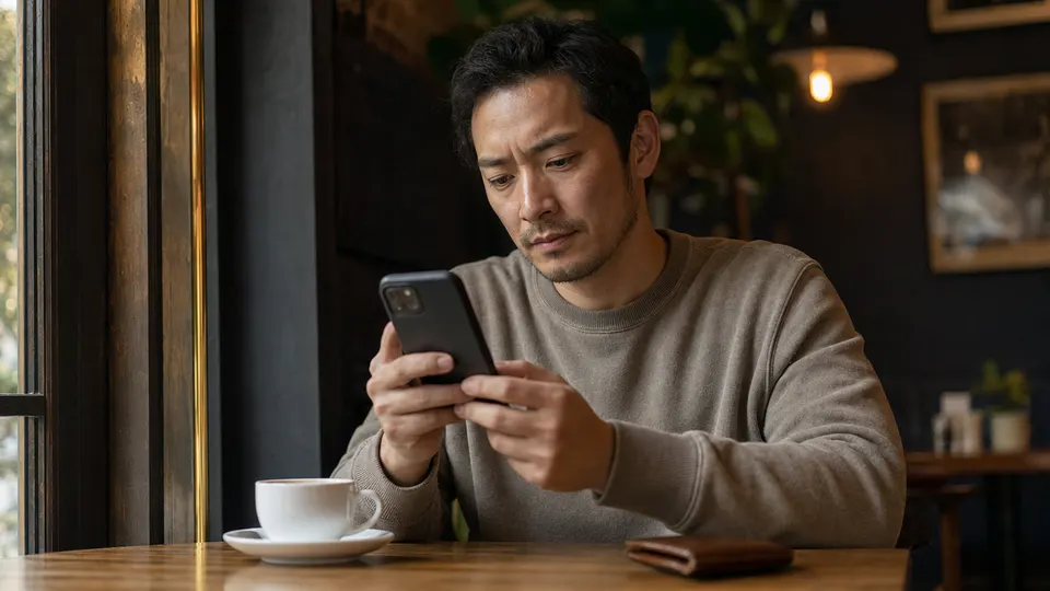 A person at a cafe table holds a smartphone, pausing as if deciding whether to save a payment card to an app.