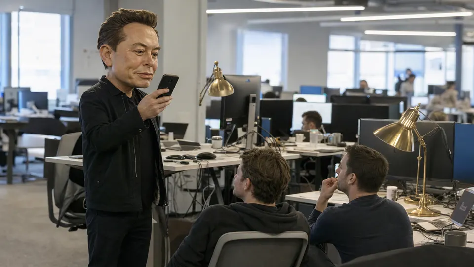 A caricature of Elon Musk studies a smartphone in a busy open-plan office while two colleagues look on, with a brass desk lamp glowing nearby.