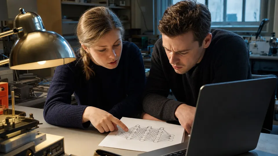 Two researchers in a lab study a printed diagram beside a laptop, one pointing while the other frowns in concentration.