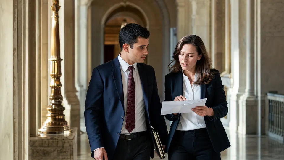 Two staffers review papers while walking through a sunlit marble corridor in the U.S. Capitol.