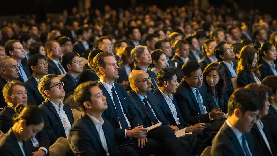Delegates fill a large convention hall in Bangkok, listening intently to a speaker off camera under warm stage lighting.