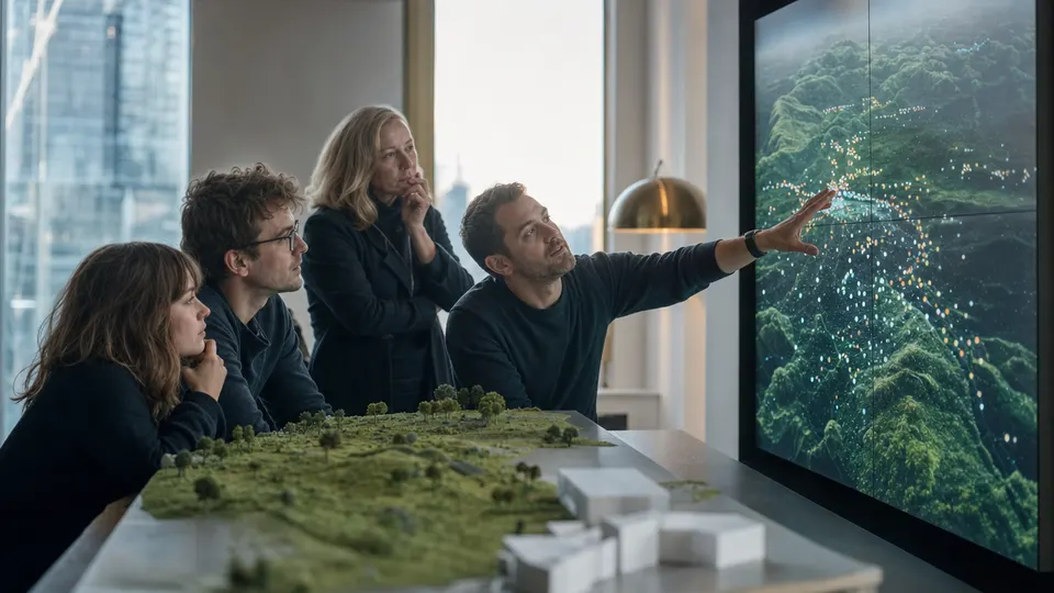 Researchers gather around a wall display of a simulated world with small agents moving across it, discussing it in a university lab.