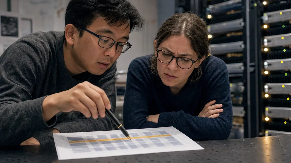 Two researchers in a lab study a printed table of results beside a rack of GPU servers, one pointing at a row while the other looks doubtful.