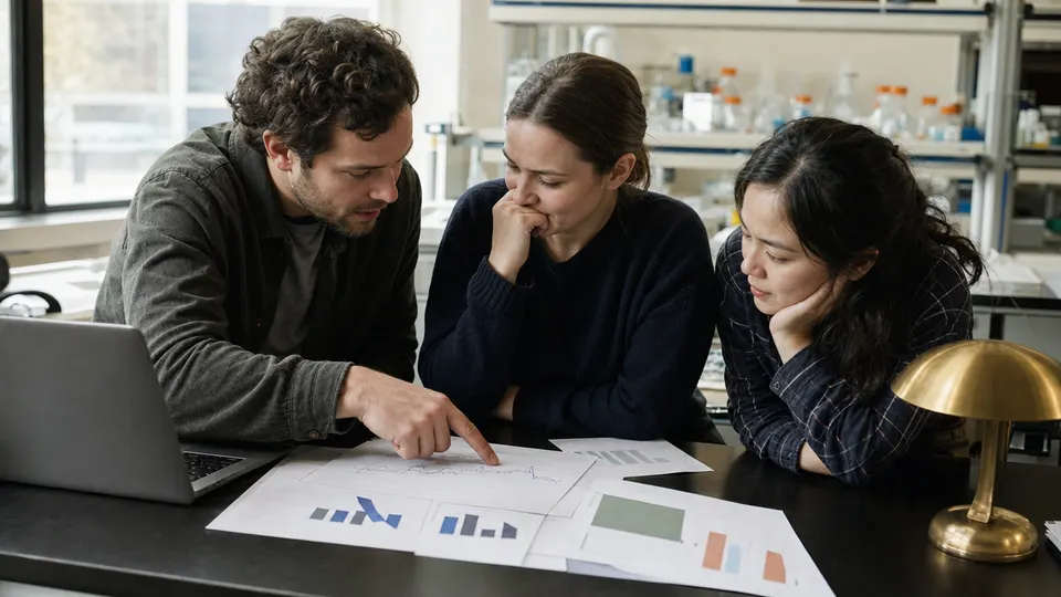 Three researchers in a lab discussing printed experiment charts around a table, one pointing at a line while another looks skeptical.
