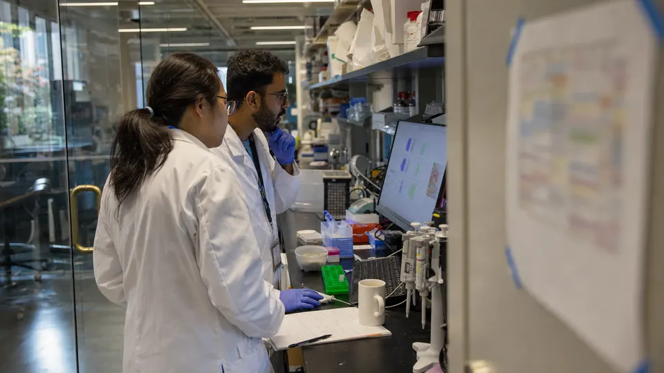 Two researchers in lab coats review results on a monitor at a laboratory bench in a modern drug-discovery lab.