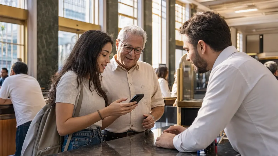 Customers and a bank employee gather around a smartphone at a service counter in a busy bank branch, in warm afternoon light.