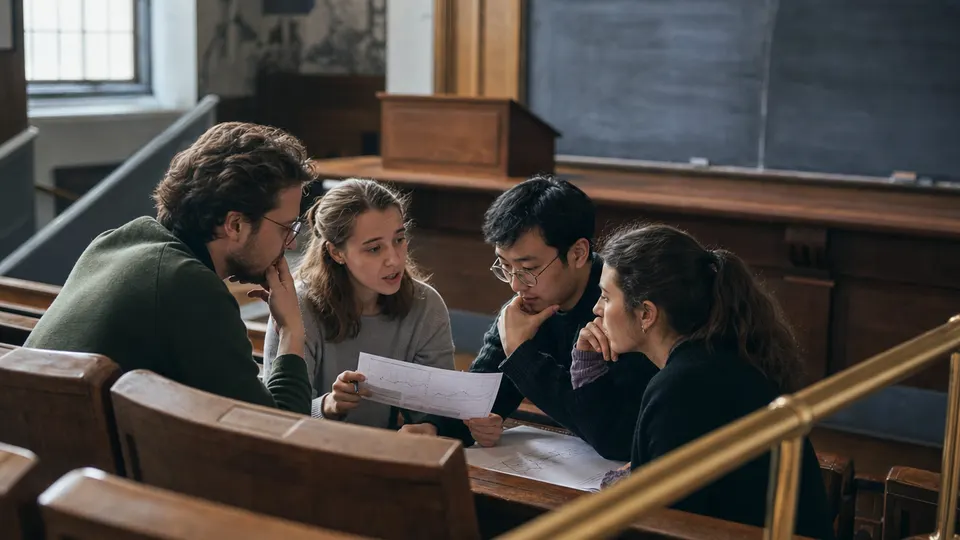 Anonymous students study unlabeled charts in a lecture hall with an empty podium in the background.