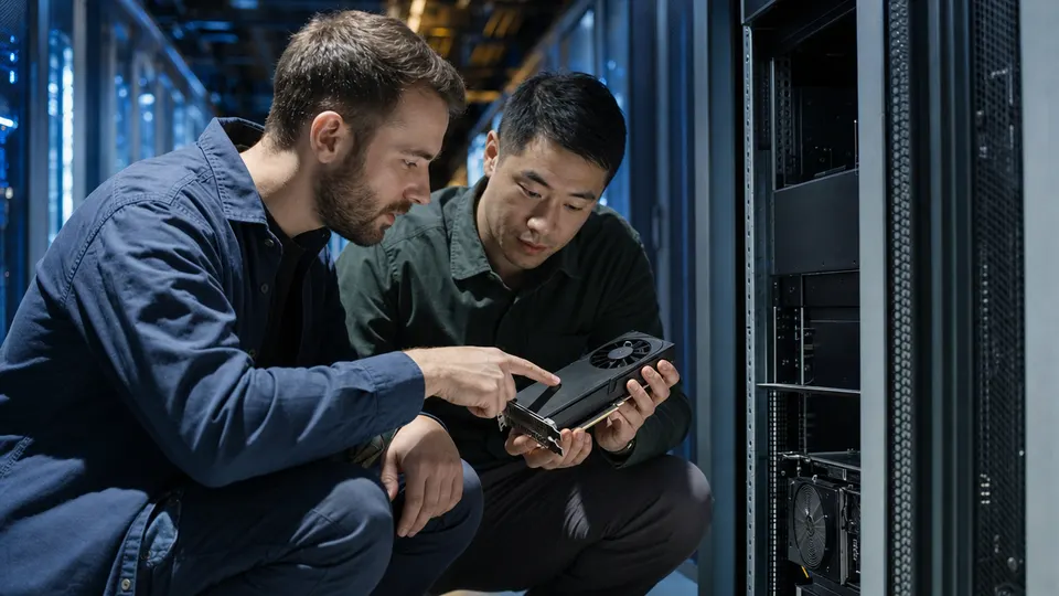 Two technicians examine a GPU board beside an open server rack in a large data center hall.
