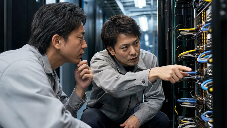 Two engineers inspecting an open server rack in a data center, one pointing at a cable panel.
