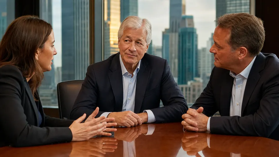 A bank chief executive in a boardroom meeting with colleagues, city skyline behind them (illustrative photo).