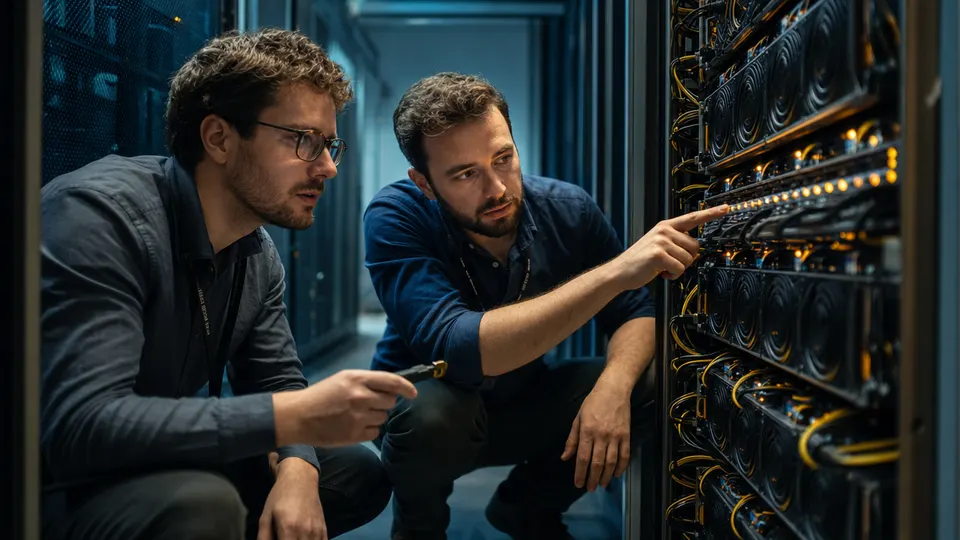 Two engineers inspect an open server rack in a dim data center aisle, lit by cool blue light and amber indicator lights.