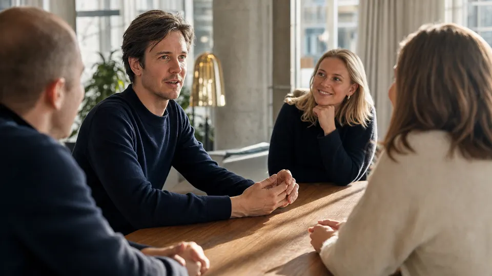 Illustrative photo of a startup chief executive talking with colleagues around a table in a bright office.