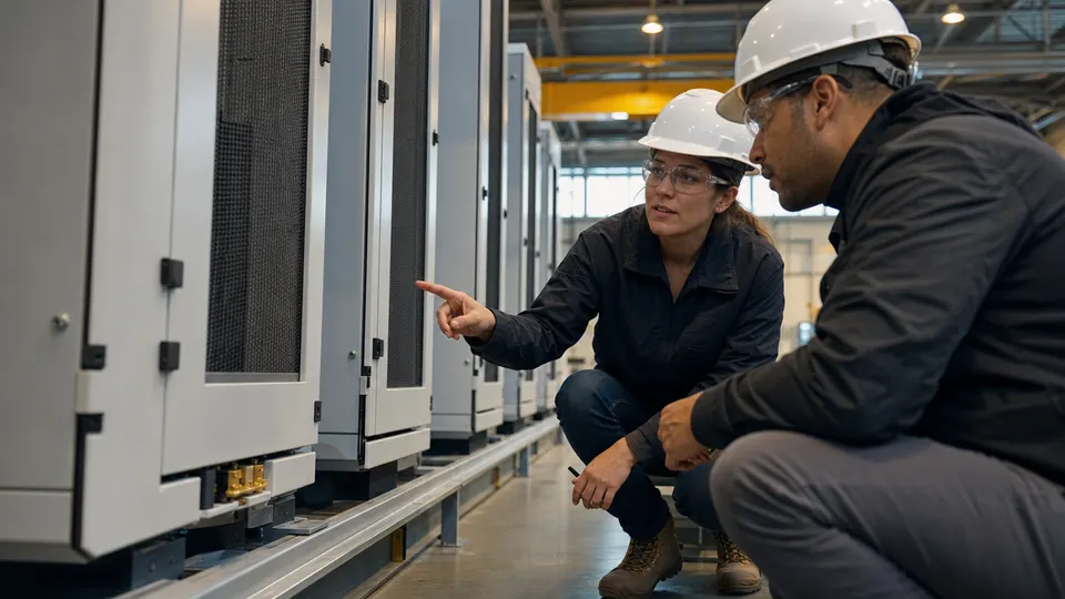 Factory technicians in hard hats inspect rows of large stationary battery cabinets inside a spacious manufacturing hall.